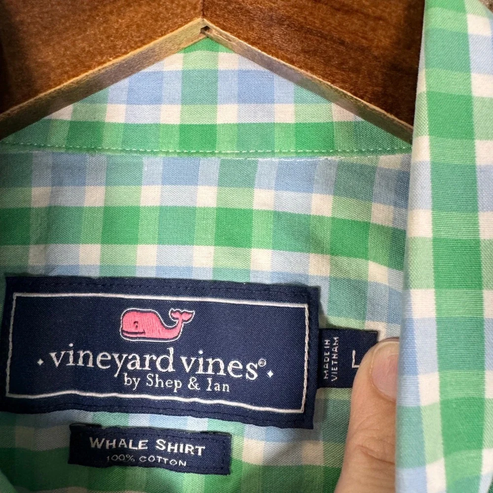 Vineyard Vines Button Down Mens Large Green Blue Gingham Whale Shirt Casual